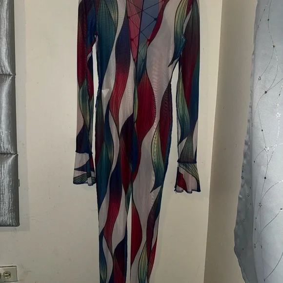 FASHION NOVA Vibrant Multicolor Mesh Jumpsuit | Criss Cross Tie Front | Size M - Picture 5 of 6